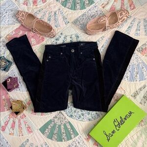 AG Adriano Goldschmied Dark Blue and Black Tuxedo Stripe Velvet Pants The Mari